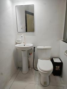 a white bathroom with a toilet and a sink at Seanna's Inn in San Juan