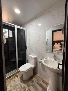a bathroom with a toilet and a sink and a shower at Samash villa foxdale 2 bedroom in Lusaka +27 photos