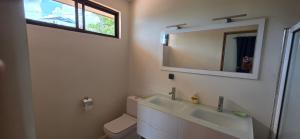 a bathroom with a sink and a mirror and a toilet at Feri Lodge in Tohautu +78 photos