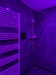 a purple bathroom with a shower with a camera on it at Wood Spa Wellness Suite mit Whirlpool & Sauna nahe Göttingen in Rosdorf