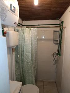 a bathroom with a shower curtain and a toilet at Tu alojamiento in Tacuarembó