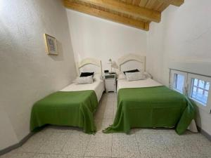 two beds in a room with green sheets at Villa Pachita (por habitaciones) in Alhama de Aragón +9 photos