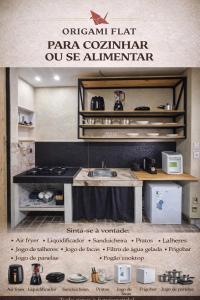 an advertisement for an original flat panera compliant osei apartment kitchen at Origami in Palmas