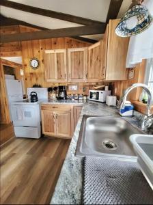 a kitchen with wooden cabinets and a stainless steel sink at WILDFLOWER CABINS LIMIT 6 villa in Naples
