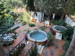 a garden with two fountains and a bench at CASA ALUNA Un refugio para desconectarte in Cuernavaca