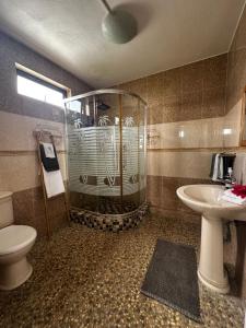 a bathroom with a shower and a toilet and a sink at OC Villa in Calodyne