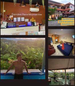a collage of pictures of a man in a swimming pool at Sandee Place Mountain View Hotel โรงแรมแสนดีเพลส เมาเท่นวิว จอมทอง in Chom Thong