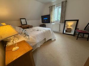 a bedroom with a bed and a mirror and a television at Charming Detached Cottage Guest Room in Silsoe Village in Bedford