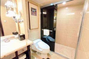 a bathroom with a toilet and a sink and a shower at Ramada Plaza Tianlu Hotel in Wuhan