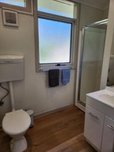 a bathroom with a toilet and a sink and a window at Russell Falls Holiday Cottages in National Park +93 photos