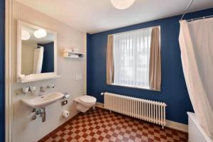 a blue bathroom with a toilet and a sink at Hotel im Schlosspark in Basel