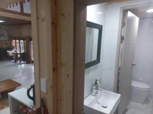 a bathroom with a white sink and a mirror at Shine Wolyeong in Andong