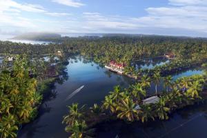 an aerial view of a river with palm trees at Munroe Island Lake Resort in Munroe Island