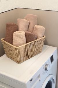 a basket of towels sitting on top of a washing machine at Lena in Jajce