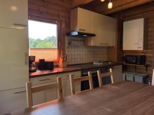 a kitchen with a table and a counter top at Blockhaus, Bad Sachsa in Steina +69 photos