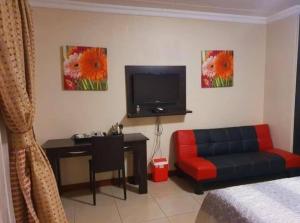 a room with a couch and a desk and a television at Lovicc Guest house mafikeng in Mahikeng