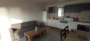 a kitchen and a living room with a couch and a table at Villa Nikitas Beach in Agios Nikitas