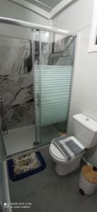 a bathroom with a toilet and a glass shower at Villa Nikitas Beach in Agios Nikitas