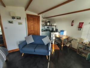 a living room with a blue chair and a kitchen at Butterfly Cabin in Millom