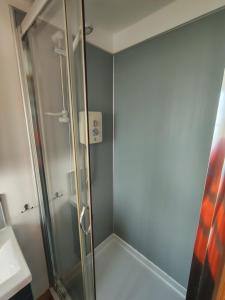 a shower with a glass door in a bathroom at Butterfly Cabin in Millom