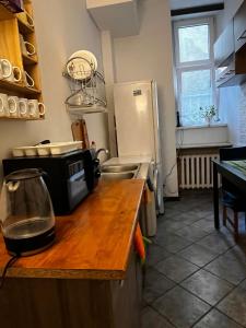 a kitchen with a counter top with a microwave at Words & Swords in Krakow