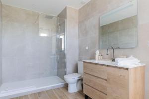 a bathroom with a shower and a toilet and a sink at Le Baguier in La Roquebrussanne