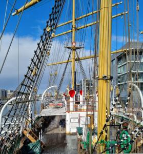 a boat docked in a harbor with a bridge at Schulschiff Deutschland Bremerhaven in Bremerhaven +3 photos