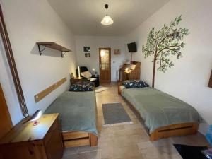a bedroom with two beds and a living room at U Sovičky in Olešník