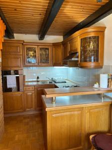 a large kitchen with wooden cabinets and a sink at Chalet Rozika Rogla in Zreče