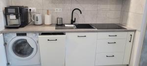a kitchen with a sink and a washing machine at Apartament 39 in Lublin