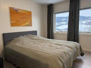 a bedroom with a bed and two windows at Spacious apartment in Follebu in Aulestad