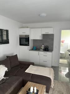 a living room with a brown couch and a kitchen at Appartementshaus Vlora 1 Einheit 2 in Bad Füssing