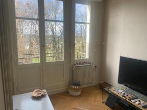 a living room with two large windows and a television at Maison centre-ville et proche du Circuit des 24H in Le Mans