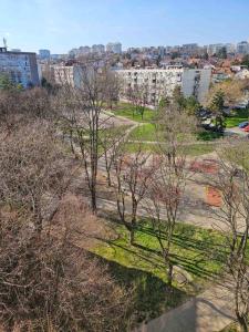 a view of a park with trees and buildings at Apartman JOVANA in Dušanovac (historical)
