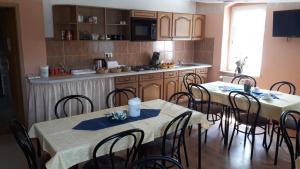 a kitchen with two tables and chairs in a room at Pension Partzsch in Siebenlehn