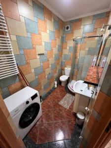 a bathroom with a toilet and a shower and a sink at Apartamenty w Helu in Hel +19 photos