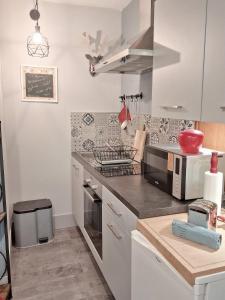 a kitchen with white cabinets and a microwave at Le Ptit Beau Jus in Aillon-le-Jeune +13 photos