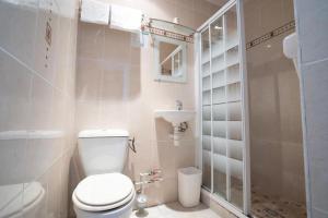 a bathroom with a toilet and a sink and a shower at Hôtel Edgar Quinet in Paris +13 photos