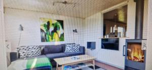 a living room with a couch and a fireplace at Bogø feriehus in Bogø By