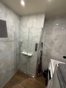 a bathroom with a shower with a glass door at BRIVIBAS RESIDENCE - WAVE, free PRIVATE parking, free WIFI, self check-in in Riga +19 photos