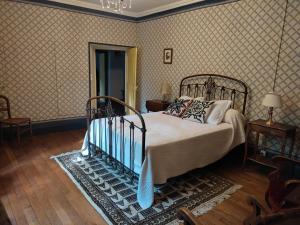 a bedroom with a bed and a chandelier at Maison Emile Teissier in Vébron