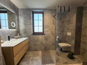 a bathroom with a sink and a toilet at Le Fourquet Blaugies - Hôtel & restaurant in Dour +29 photos