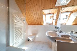a bathroom with a shower and a sink and a toilet at Ferienhaus MeerGenerationen in Ueckeritz +36 photos