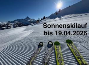 ein Paar Skier im Schnee an einem schneebedeckten Hang in der Unterkunft griable in Steeg