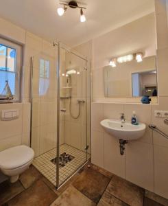 a bathroom with a shower and a toilet and a sink at Strandstr_ in Zingst +20 photos