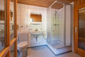 a bathroom with a shower and a toilet and a sink at Landhaus Barbara in Silbertal