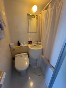 a bathroom with a toilet and a sink and a mirror at ホテル土浦神立ヒルズ in Tsuchiura