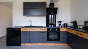 a kitchen with black cabinets and a sink and a stove at Au petit détour Confort in Rolampont +16 photos