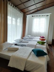 a row of beds in a room with windows at Star Gate Hostel in Nuwara Eliya