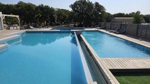 a large swimming pool with blue water and chairs at Valduccina - T3 avec terrasse et piscine, proche de la plage in Lecci +5 photos